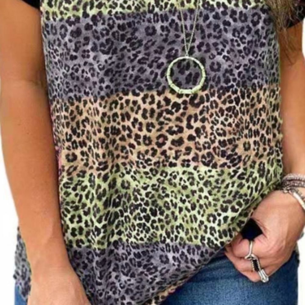 Purple Orange Green Leopard Print Patchwork T-Shirt - Picture 2 of 2